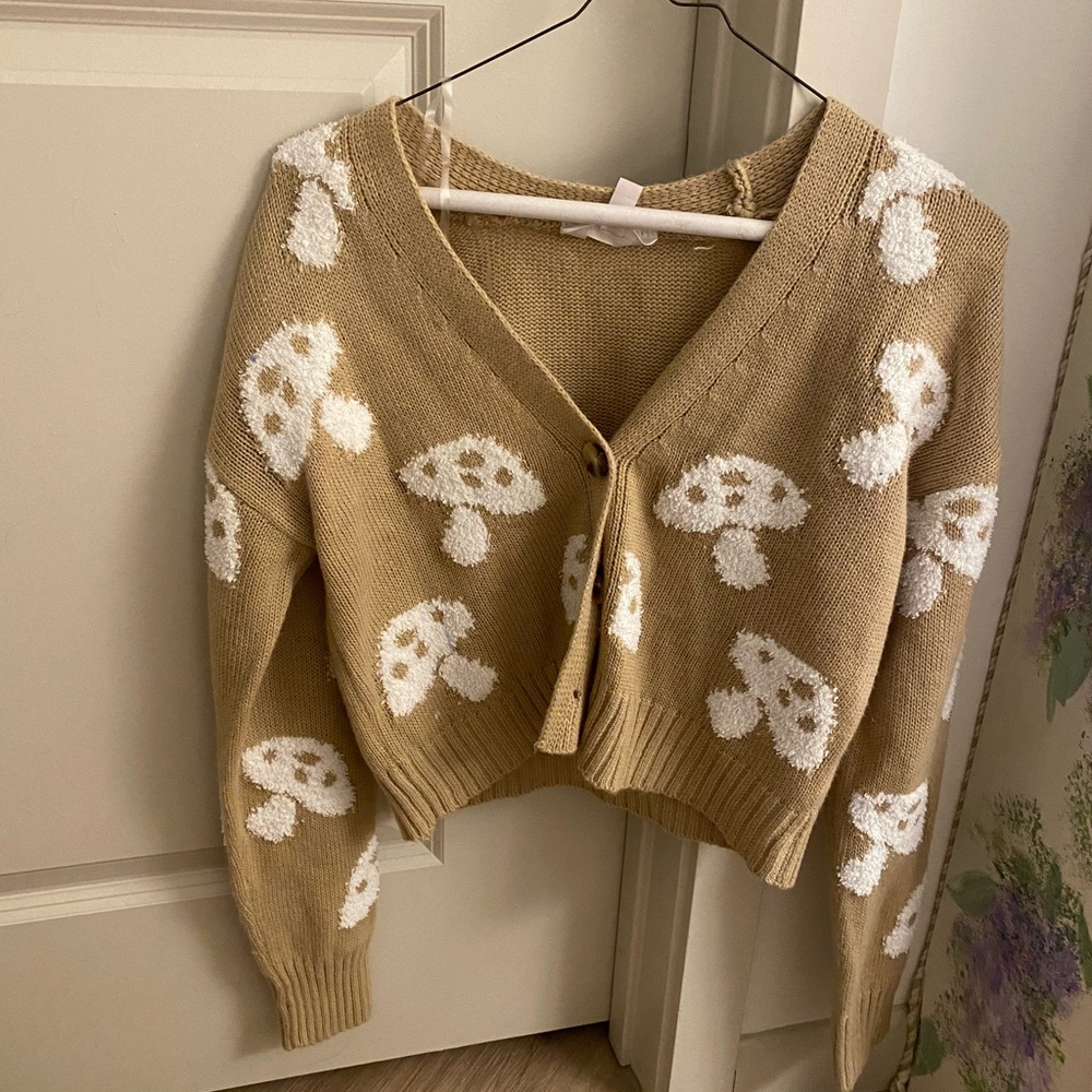 No Boundaries Teen Tan Cardigan with White Mushroom Design